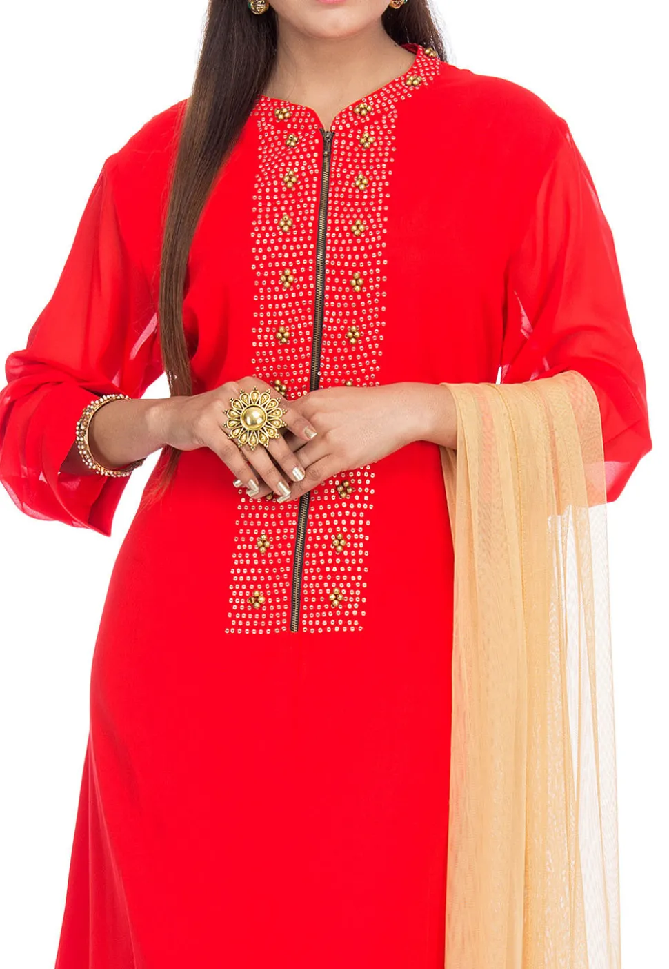 Embellished Viscose Georgette Straight Suit in Red