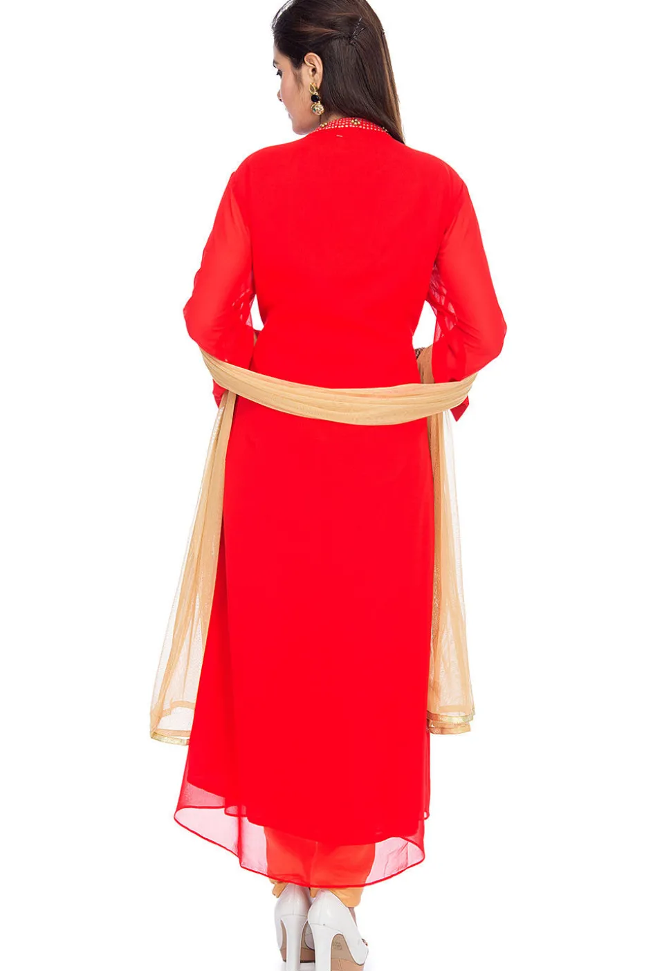Embellished Viscose Georgette Straight Suit in Red