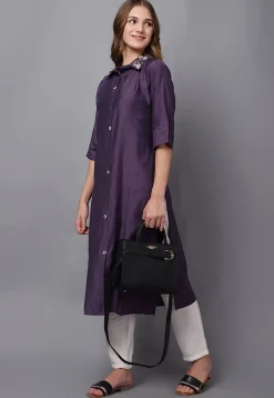 Embellished Viscose silk Straight Kurta in Purple