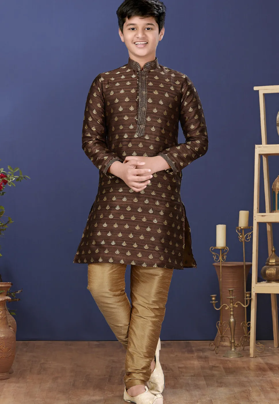 Emboidered Art Dupion Silk Kurta Set in Dark Brown