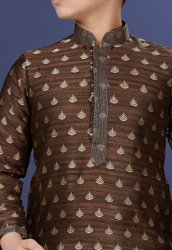 Emboidered Art Dupion Silk Kurta Set in Dark Brown
