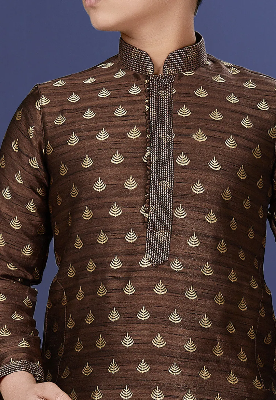 Emboidered Art Dupion Silk Kurta Set in Dark Brown