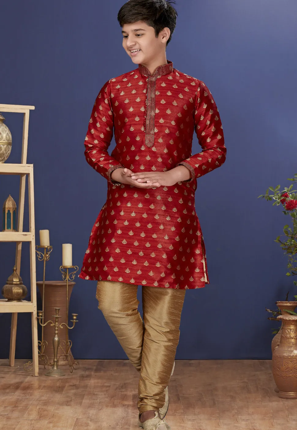 Emboidered Art Dupion Silk Kurta Set in Red