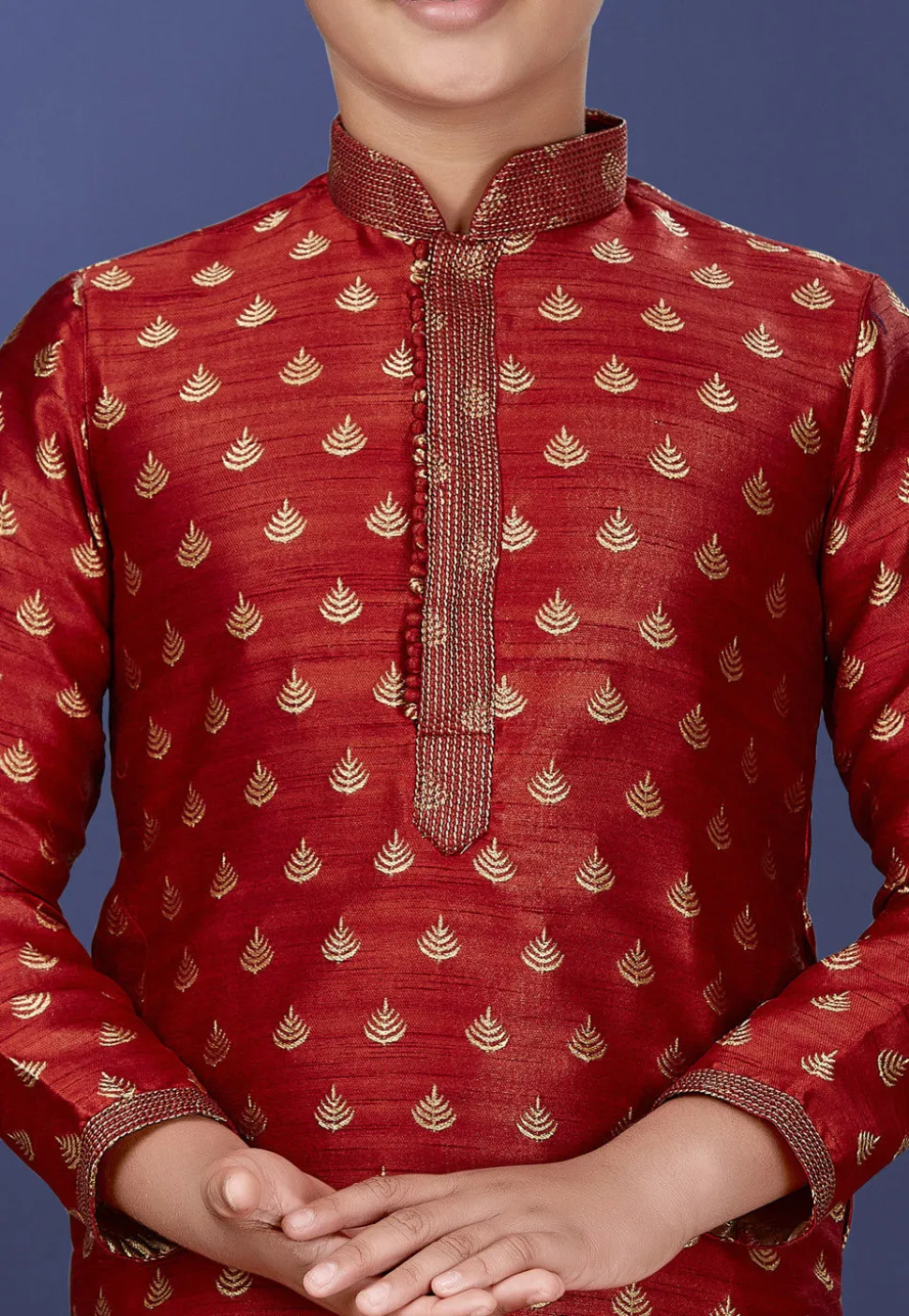 Emboidered Art Dupion Silk Kurta Set in Red