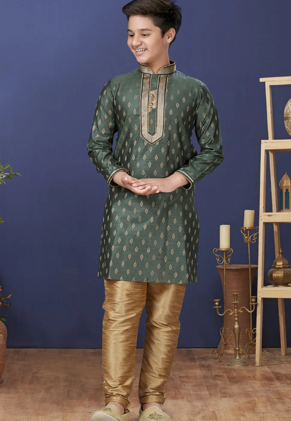 Emboidered Neckline Art Silk Jacquard Kurta Set in Dark Green