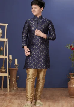 Emboidered Neckline Art Silk Jacquard Kurta Set in Dark Blue