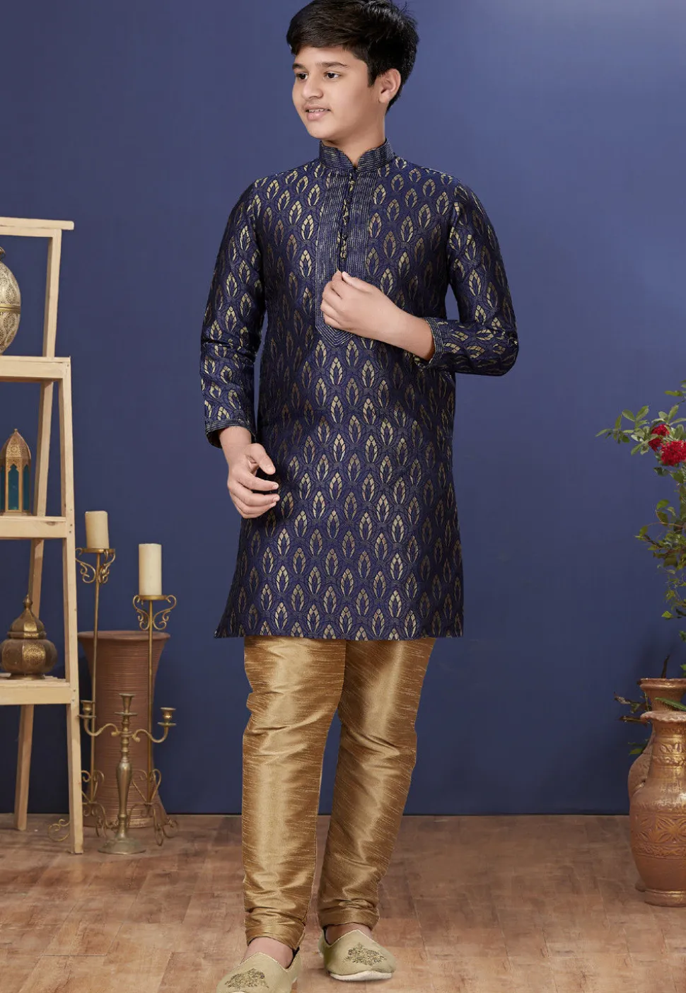 Emboidered Neckline Art Silk Jacquard Kurta Set in Dark Blue
