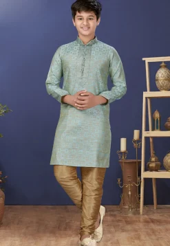 Emboidered Neckline Art Silk Jacquard Kurta Set in Sky Blue