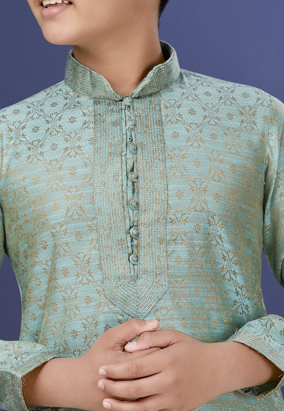 Emboidered Neckline Art Silk Jacquard Kurta Set in Sky Blue