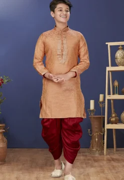 Emboidered Neckline Art Silk Jacquard Dhoti Kurta in Peach