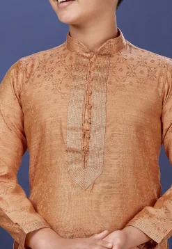 Emboidered Neckline Art Silk Jacquard Dhoti Kurta in Peach