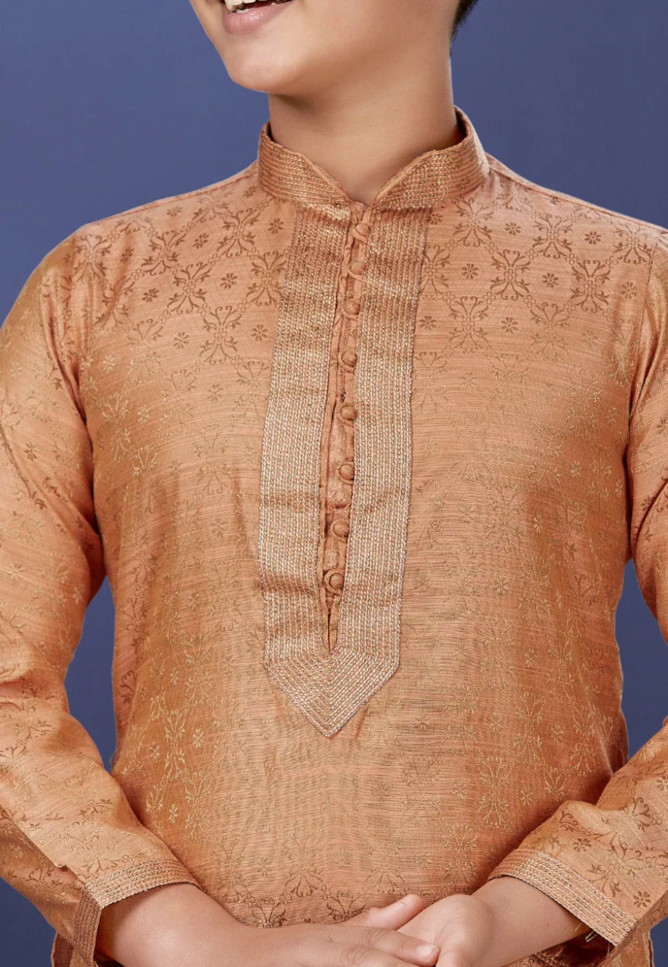 Emboidered Neckline Art Silk Jacquard Dhoti Kurta in Peach