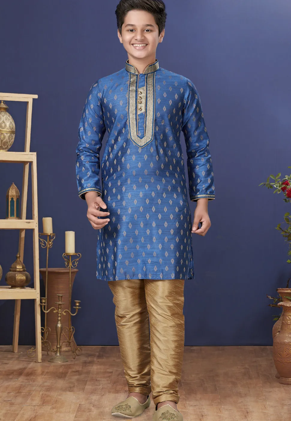 Emboidered Neckline Art Silk Jacquard Kurta Set in Blue