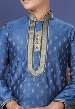 Emboidered Neckline Art Silk Jacquard Kurta Set in Blue