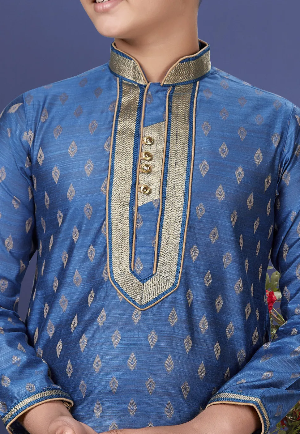 Emboidered Neckline Art Silk Jacquard Kurta Set in Blue