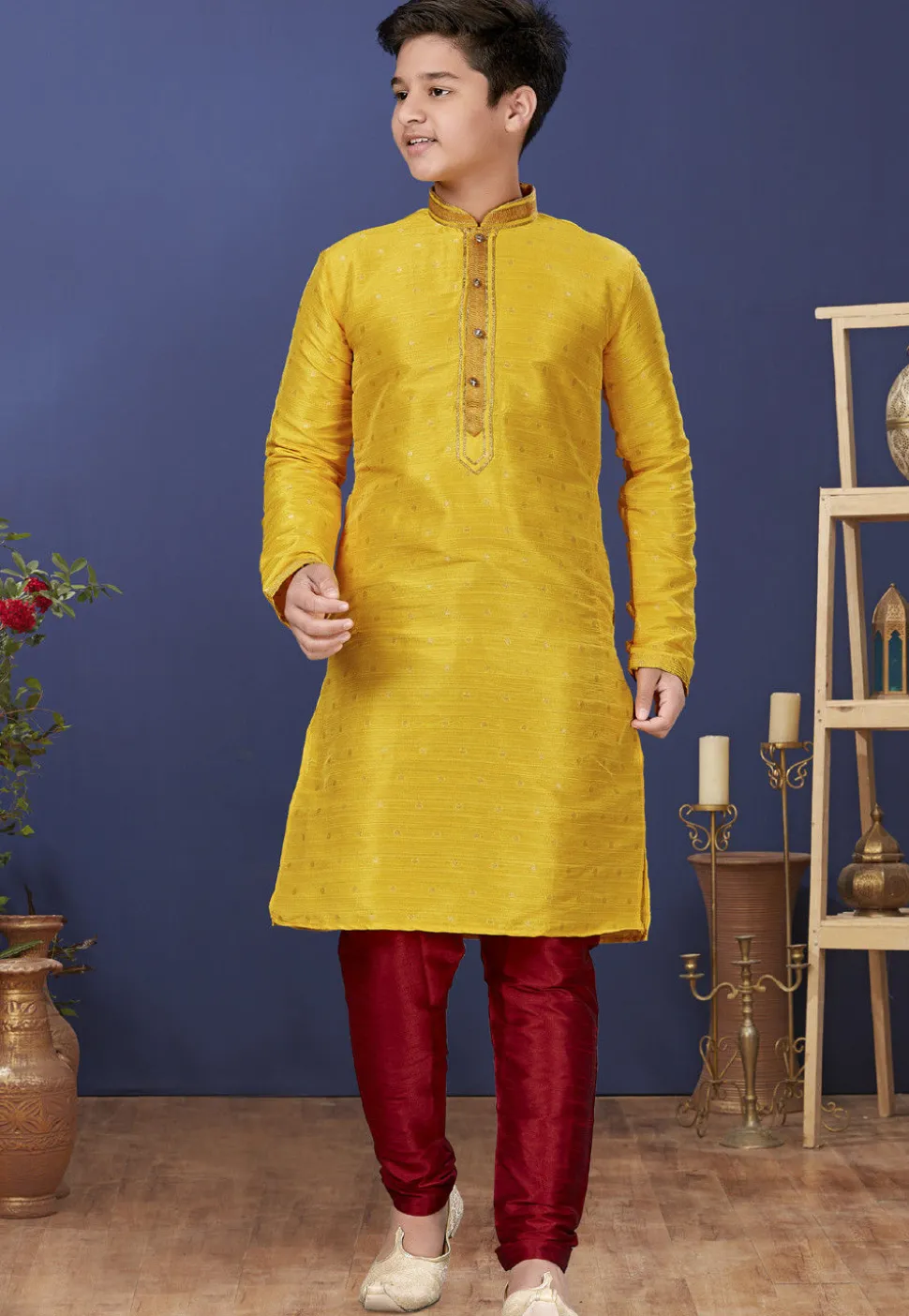 Emboidered Neckline Art Silk Jacquard Kurta Set in Yellow