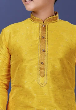 Emboidered Neckline Art Silk Jacquard Kurta Set in Yellow