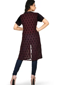 Embossed Net Brasso Kurti in Dark Brown