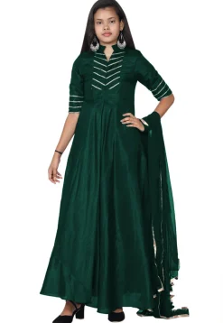 Embroide Bhagalpuri Silk Abaya Style Suit in Teal Green