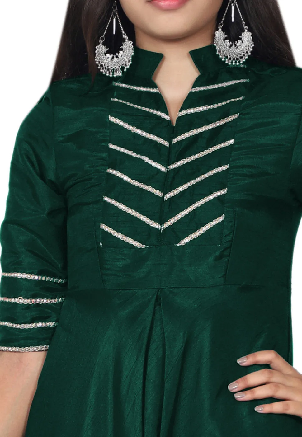 Embroide Bhagalpuri Silk Abaya Style Suit in Teal Green