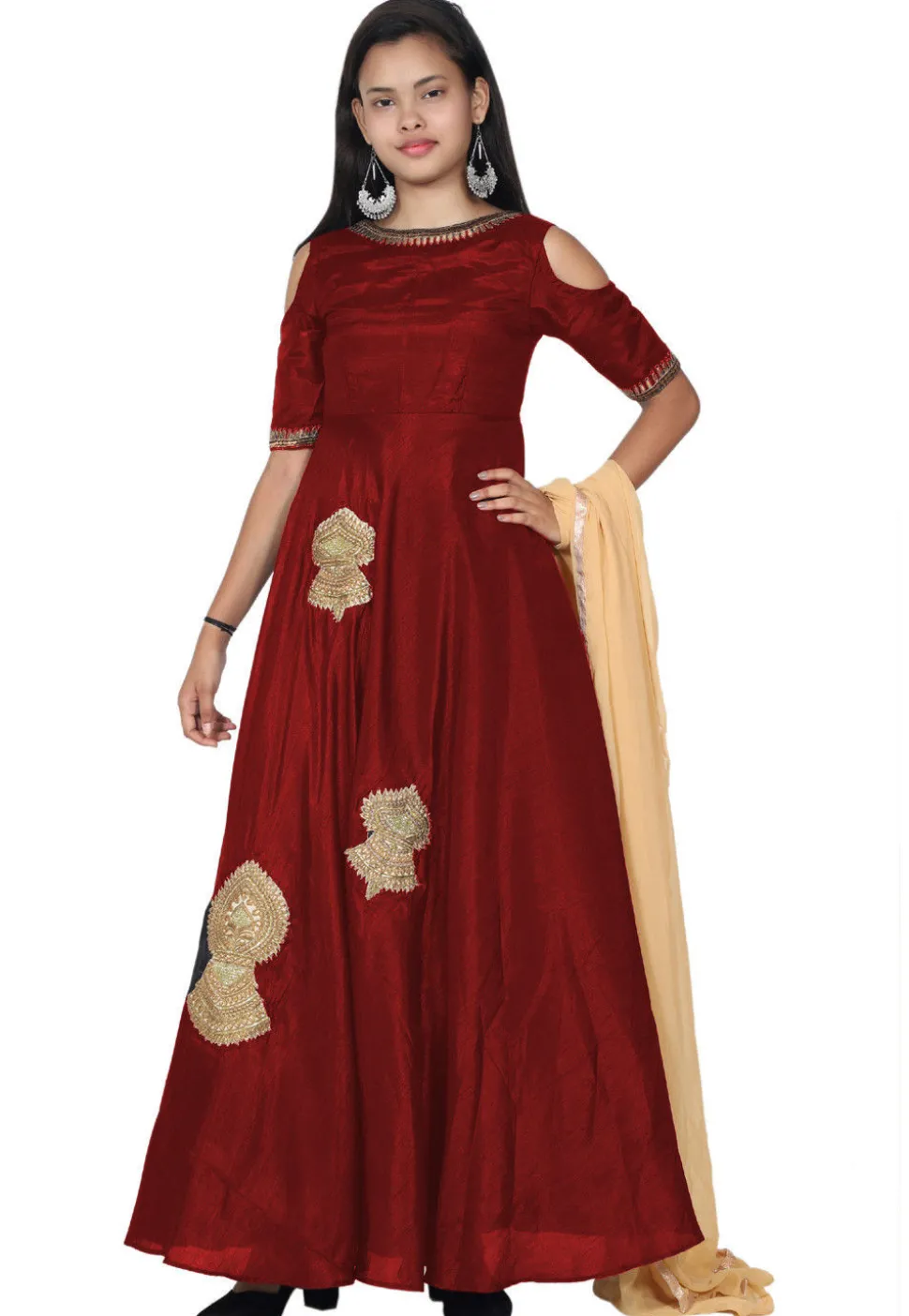 Embroide Bhagalpuri Silk Abaya Style Suit in Maroon