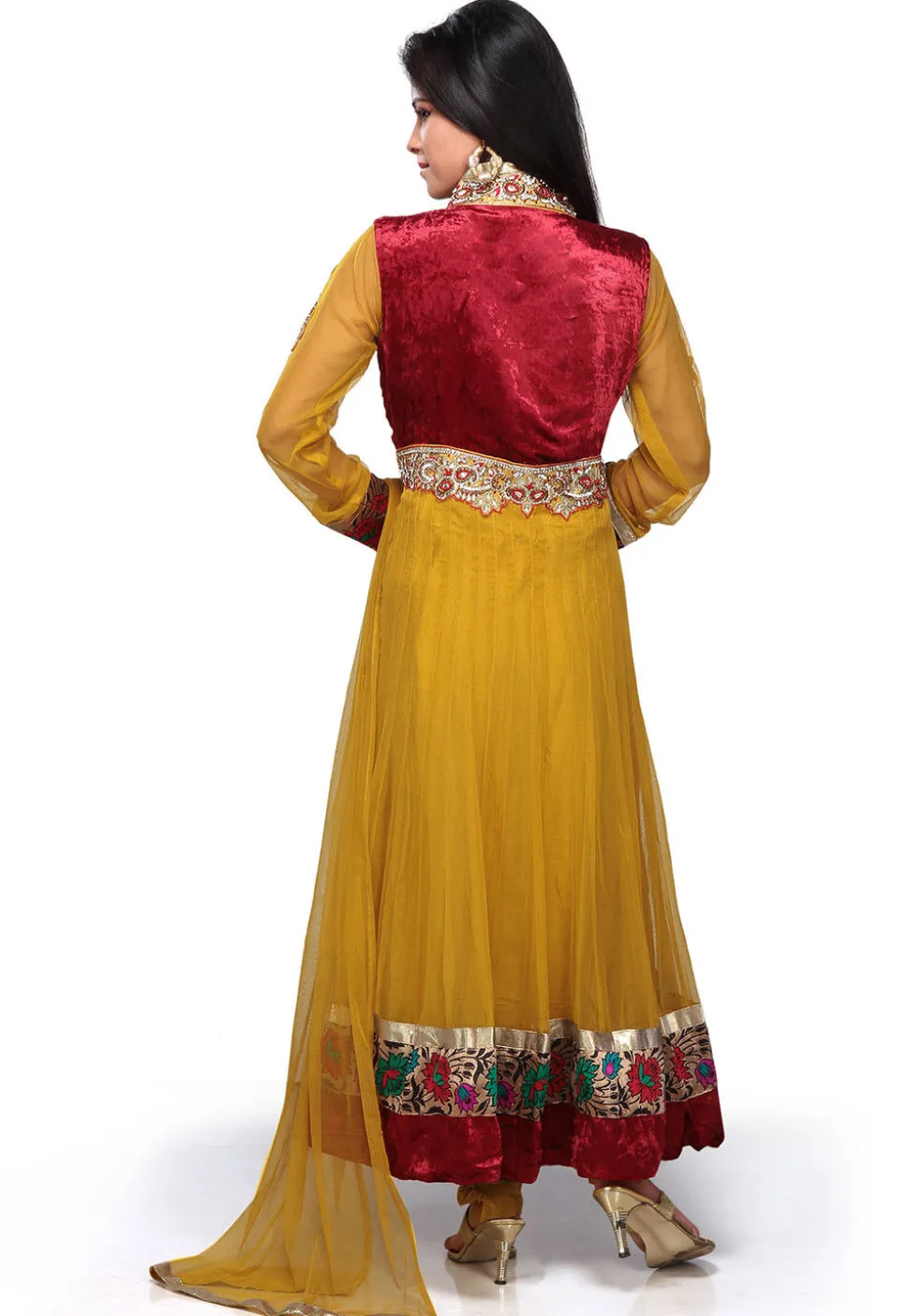 Embroidered Anarkali Asymmetric Net Suit In Mustard And Red