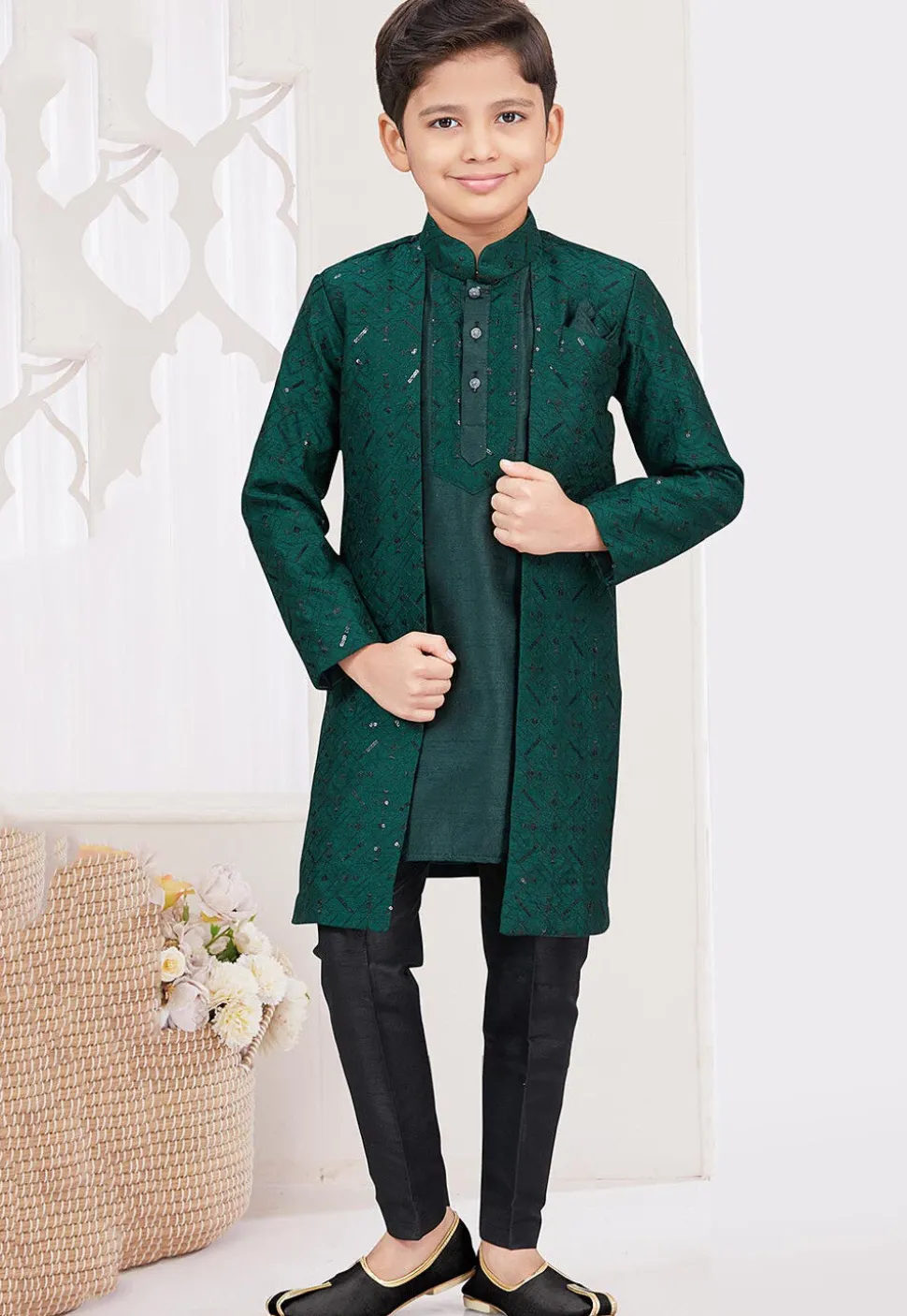 Embroidered Art Banarasi Silk Layered Sherwani in Dark Green