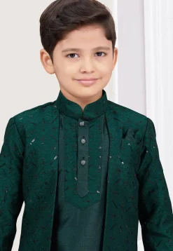 Embroidered Art Banarasi Silk Layered Sherwani in Dark Green