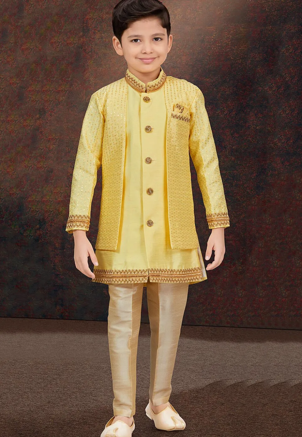 Embroidered Art Banarasi Silk Layered Sherwani in Yellow