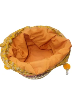 Embroidered Art Banarasi Silk Potli Bag in Mustard and Multicolor