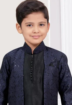 Embroidered Art Banarasi Silk Layered Sherwani in Black and Navy Blue
