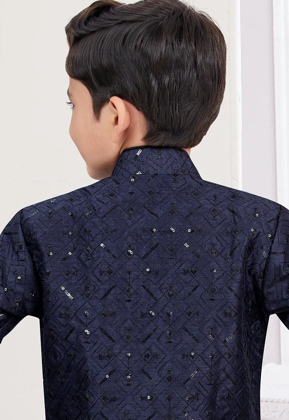 Embroidered Art Banarasi Silk Layered Sherwani in Black and Navy Blue