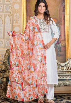Embroidered Art Chanderi Silk Pakistani Suit in Off White