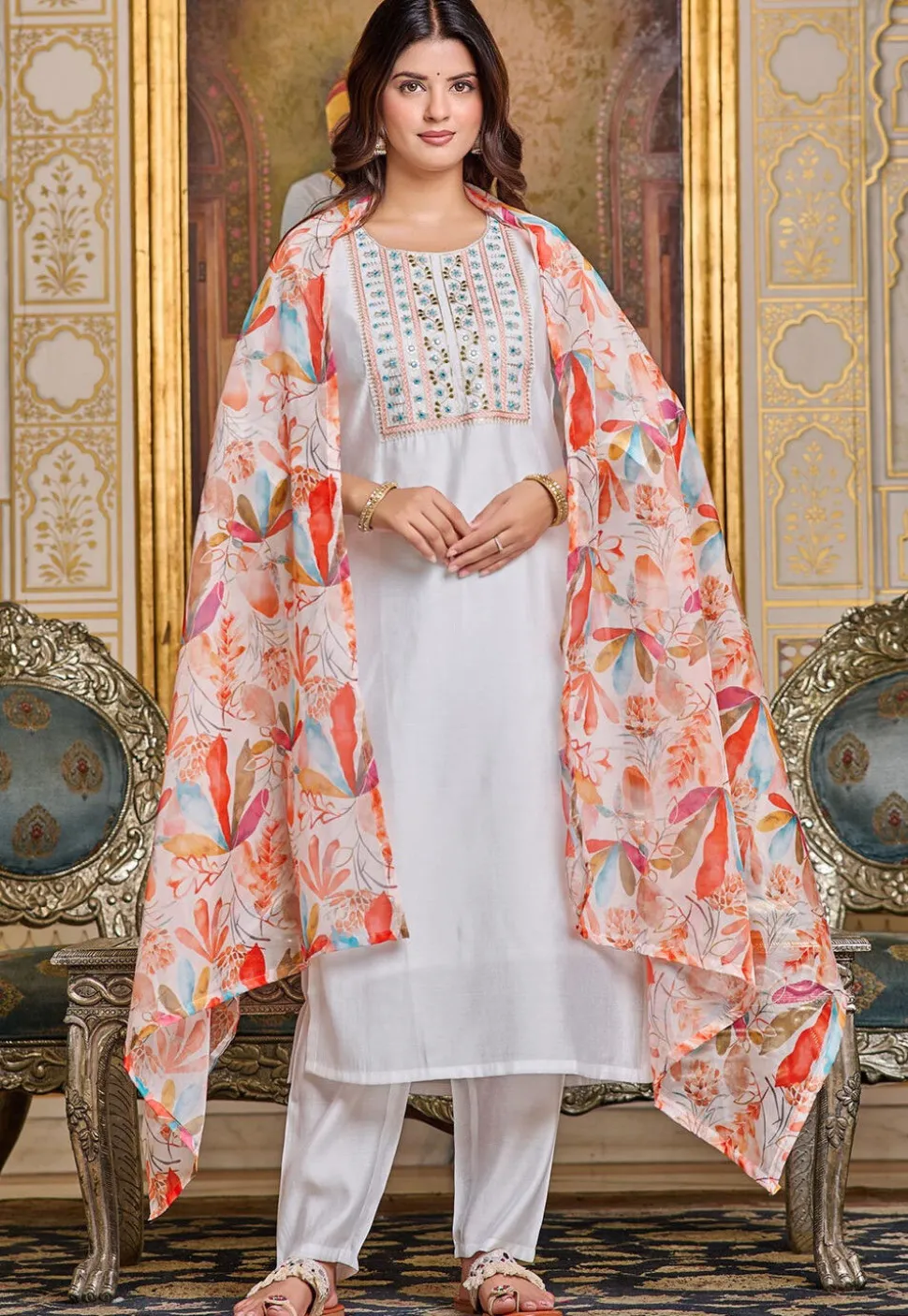 Embroidered Art Chanderi Silk Pakistani Suit in Off White