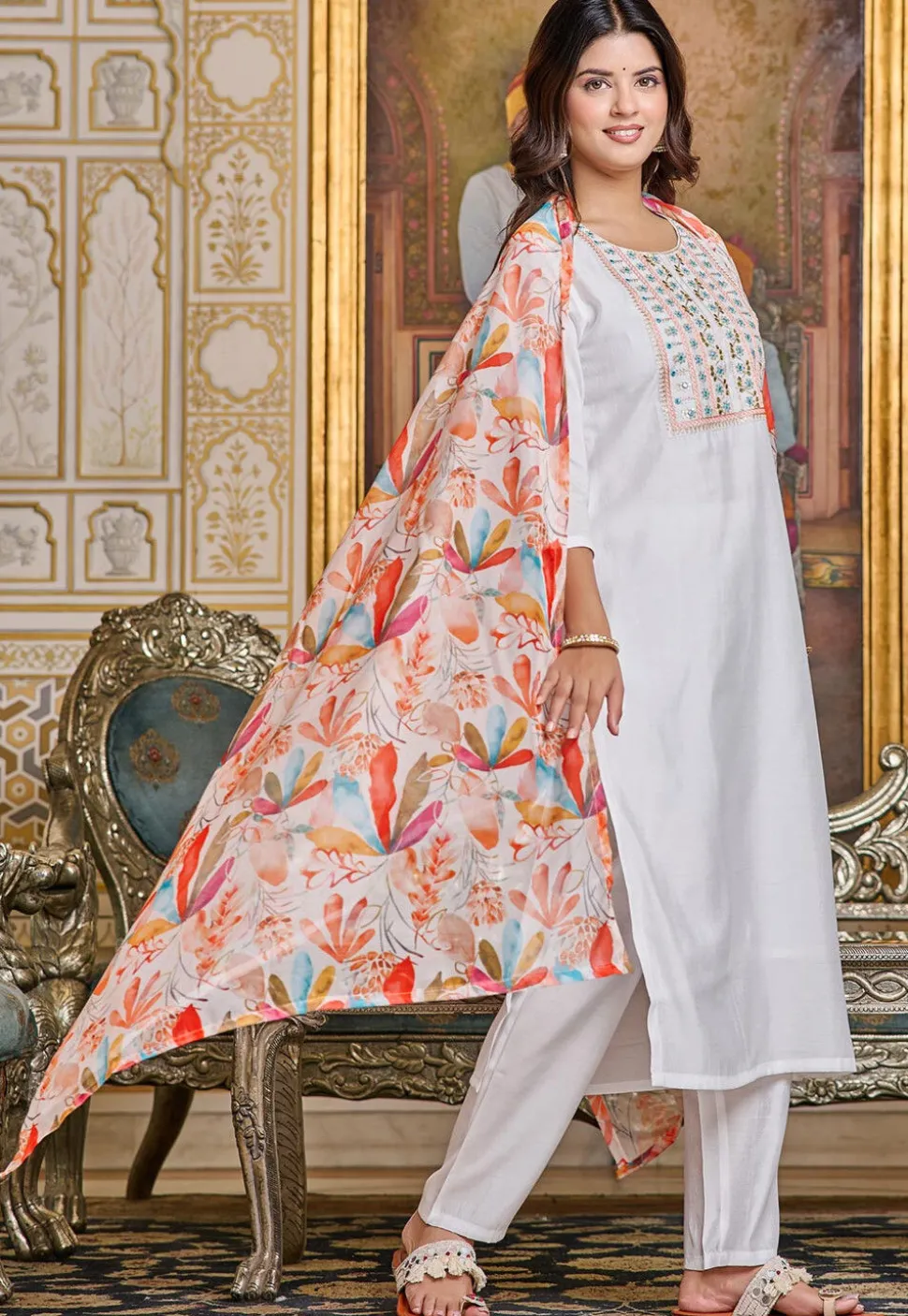 Embroidered Art Chanderi Silk Pakistani Suit in Off White