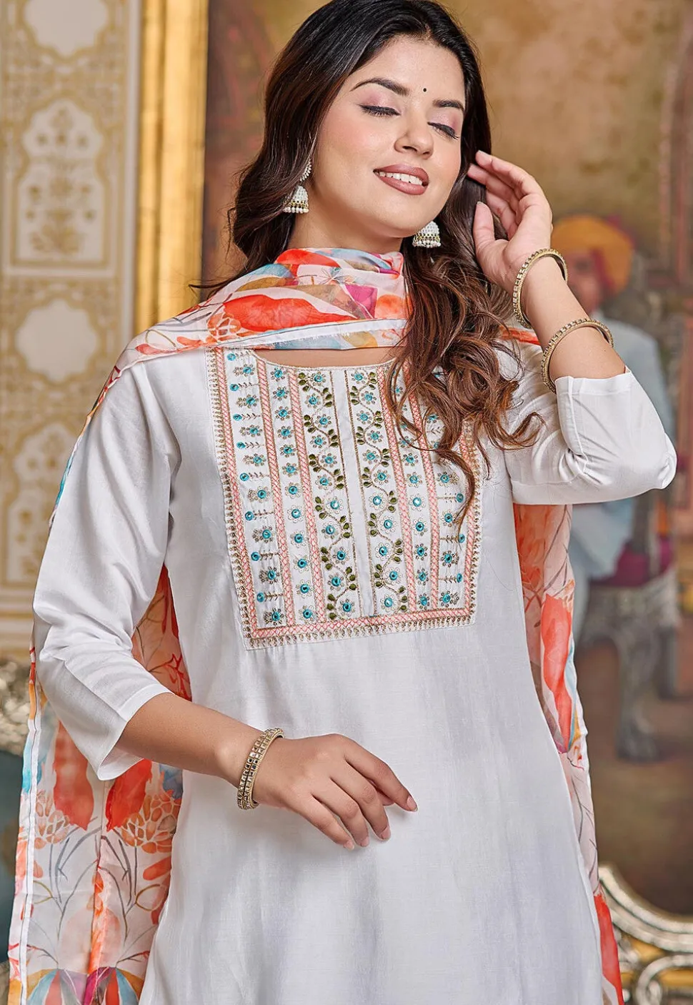 Embroidered Art Chanderi Silk Pakistani Suit in Off White