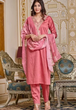 Embroidered Art Chanderi Silk Pakistani Suit in Pink