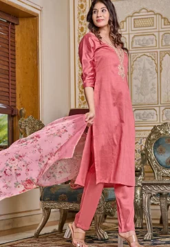 Embroidered Art Chanderi Silk Pakistani Suit in Pink