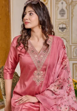 Embroidered Art Chanderi Silk Pakistani Suit in Pink