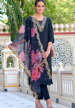 Embroidered Art Chanderi Silk Pakistani Suit in Black