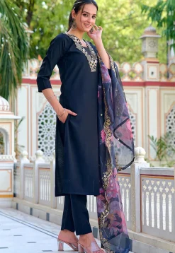 Embroidered Art Chanderi Silk Pakistani Suit in Black