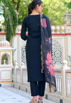 Embroidered Art Chanderi Silk Pakistani Suit in Black
