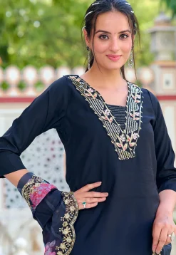 Embroidered Art Chanderi Silk Pakistani Suit in Black
