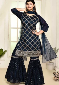 Embroidered Art Chandrei Silk Pakistani Suit in Navy Blue