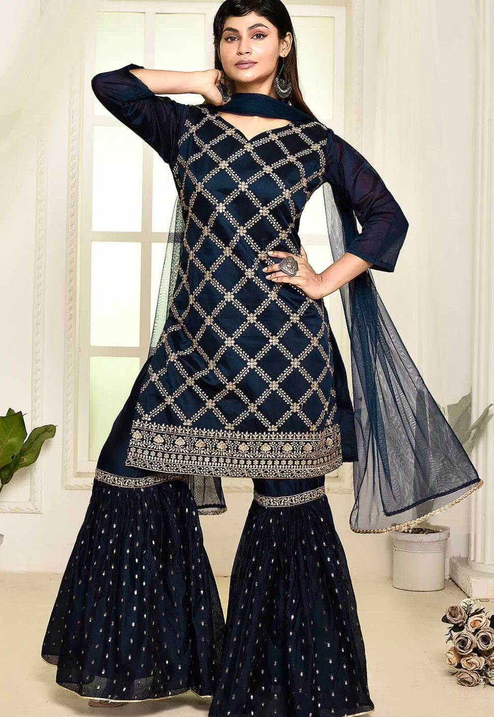 Embroidered Art Chandrei Silk Pakistani Suit in Navy Blue