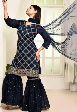 Embroidered Art Chandrei Silk Pakistani Suit in Navy Blue
