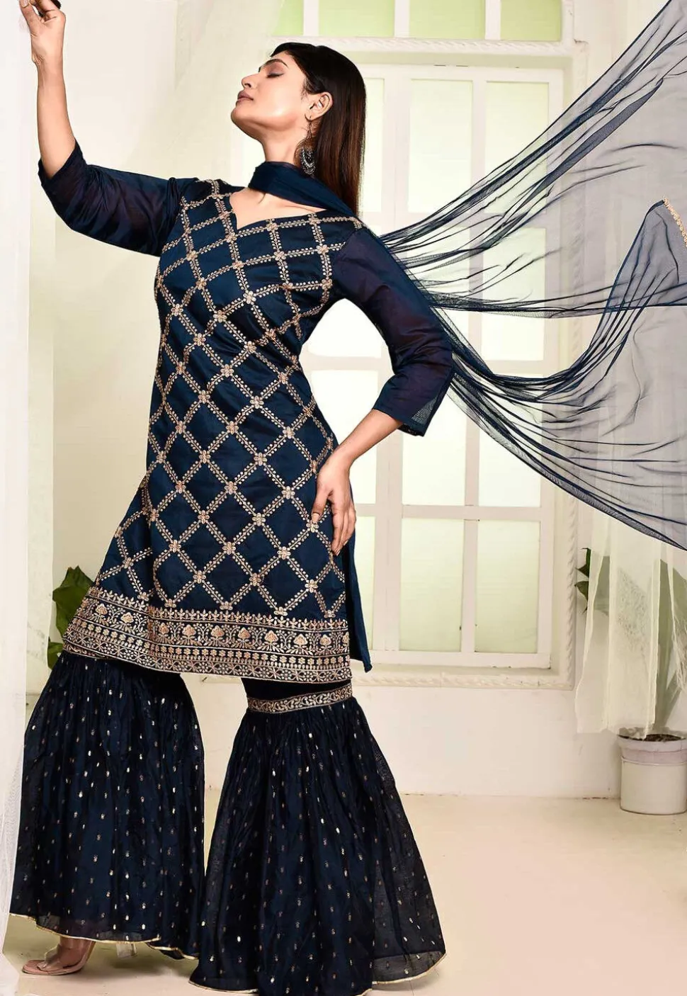 Embroidered Art Chandrei Silk Pakistani Suit in Navy Blue