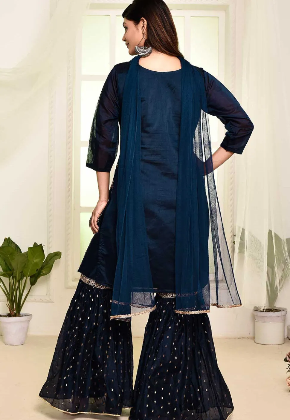 Embroidered Art Chandrei Silk Pakistani Suit in Navy Blue