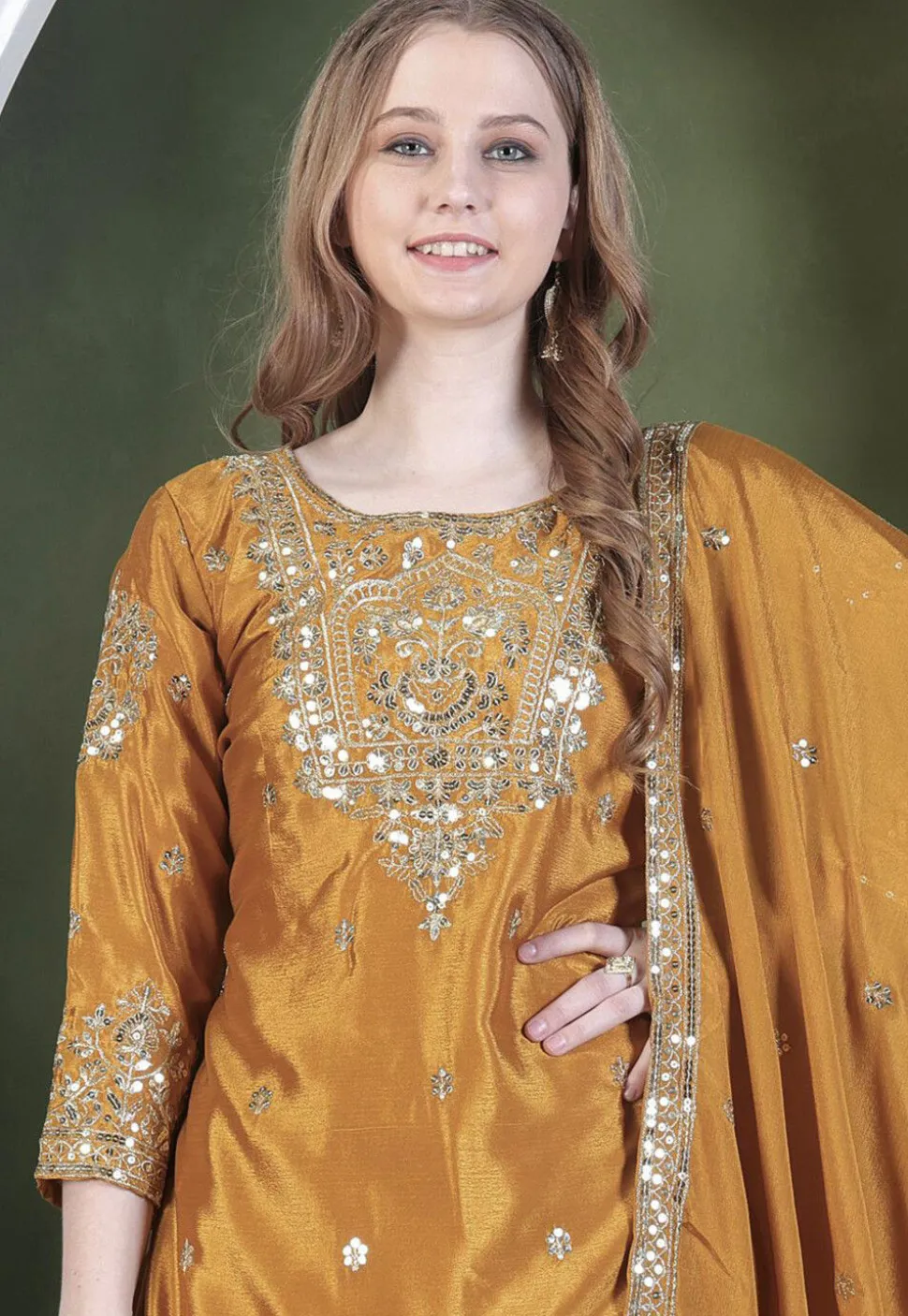 Embroidered Art Chinon Silk Pakistani Suit in Mustard
