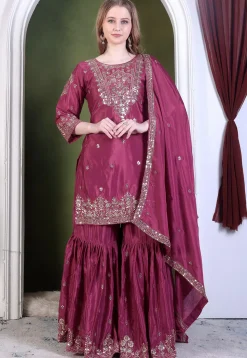 Embroidered Art Chinon Silk Pakistani Suit in Purple